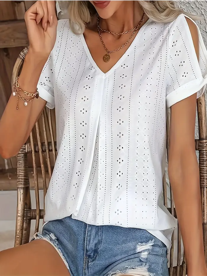 Nouveau 2025 femmes t-shirt été mode Blouses hauts grande taille décontracté couleurs unies évider col en v à manches courtes lâche blanc t-shirts
