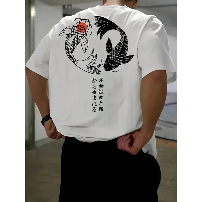 T-shirt en pur coton avec imprimé double poisson koi de style chinois sur les deux côtés