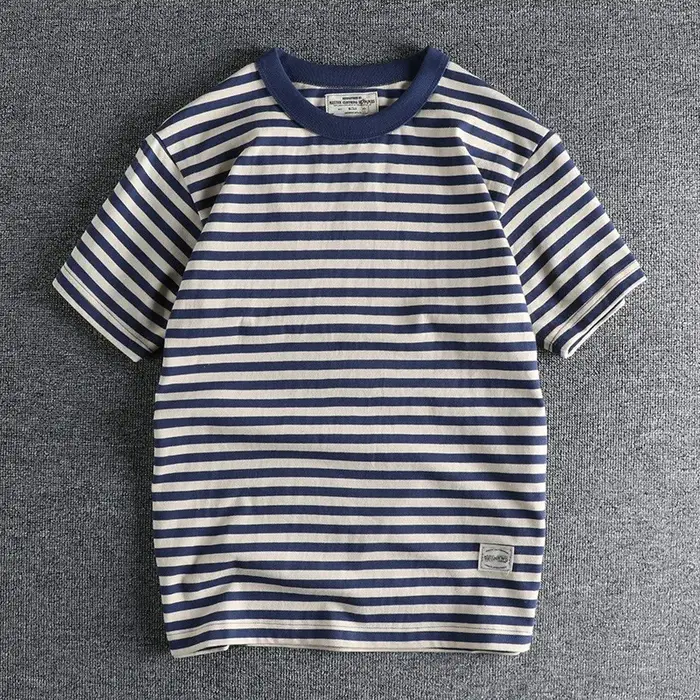T-shirt rayé vintage pour homme, demi-manches, coton délavé, t-shirts pour jeunes hommes, marin, été