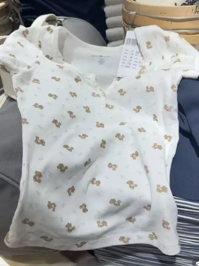 Mignon petit ours nœud imprimé boutons T-shirt femme nouveau décontracté col rond manches courtes coton t-shirts doux Vintage T-shirt Y2k hauts