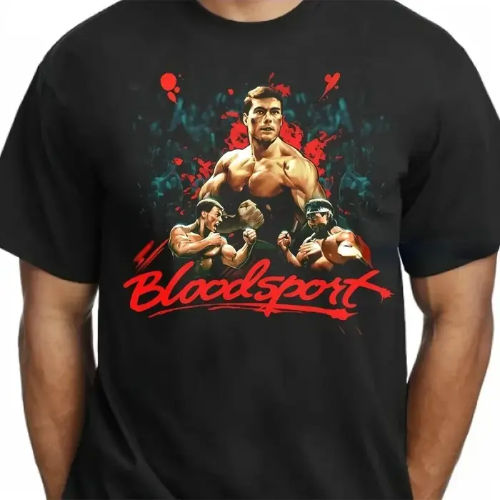 T-shirt noir pour hommes avec des thèmes d'arts martiaux et de sanglants récents du film de 1988 de Jean Claude Van