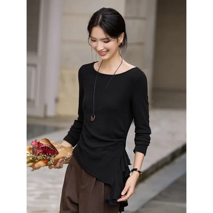 T-shirts asymétriques VIMLY pour femme, tricotés, décontractés, à manches longues, col bateau, colle