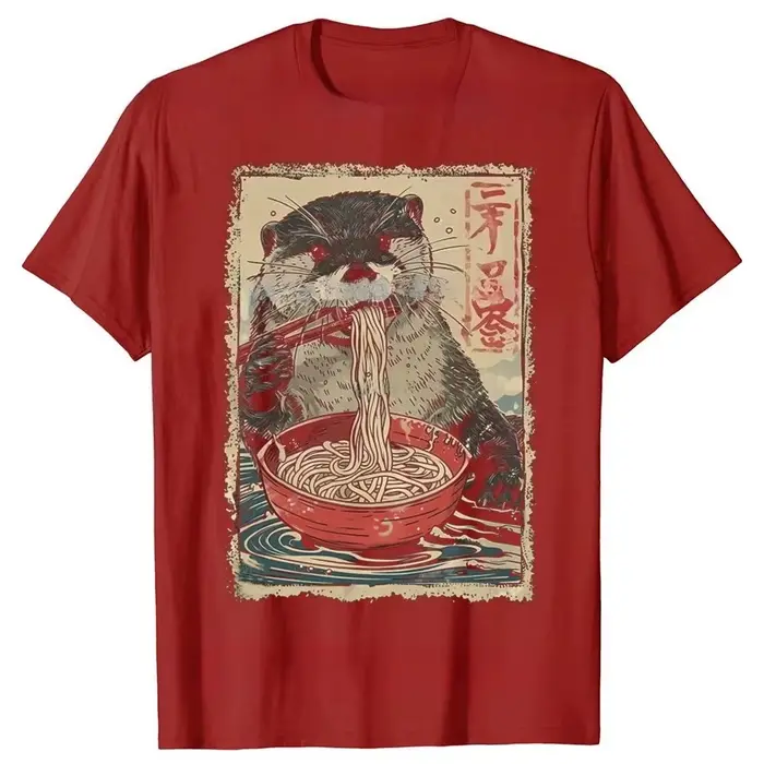 T-shirts graphiques drôles lontra mangeant Ramen pour femmes, t-shirt décontracté à la mode, vêtemen