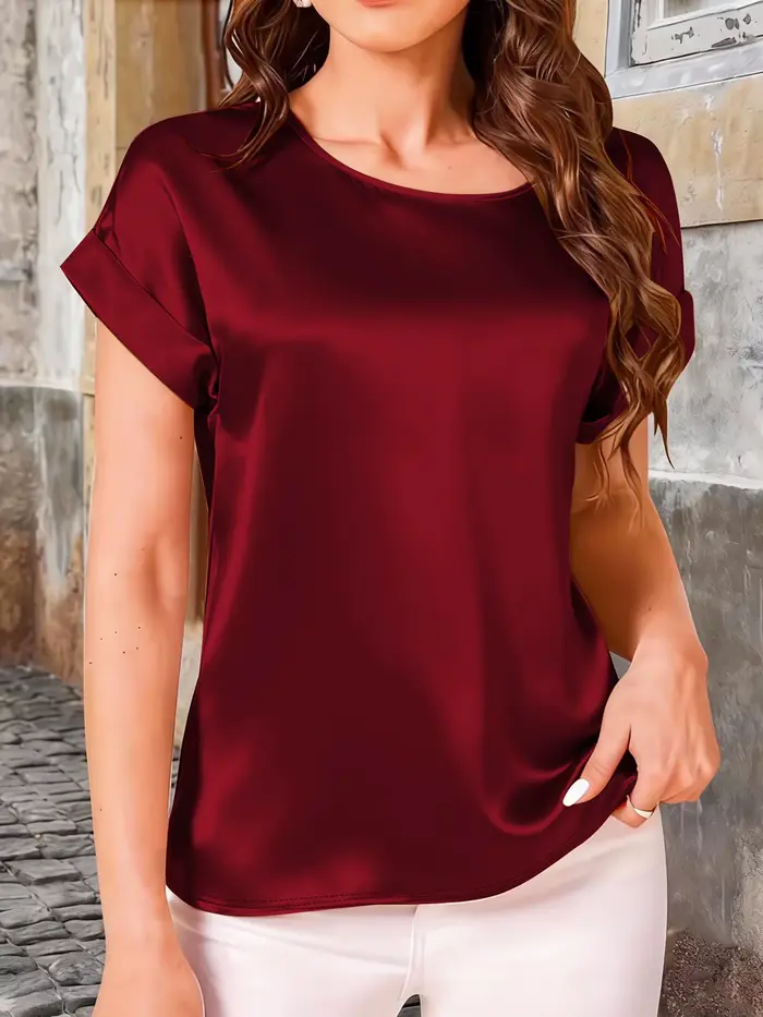 T-shirt élégant à manches chauve-souris en satin massif – Haut ample pour femme