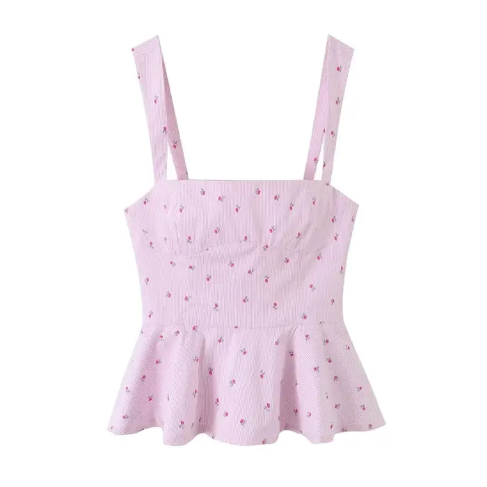 Débardeur Cami Rose à Motifs Floraux pour Femme - Style Bustier Corset Plissé Rayé, Été 2026 Doux et
