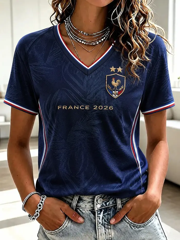 T-shirt imprimé col en V pour femme, thème football français, T-shirt culturel football