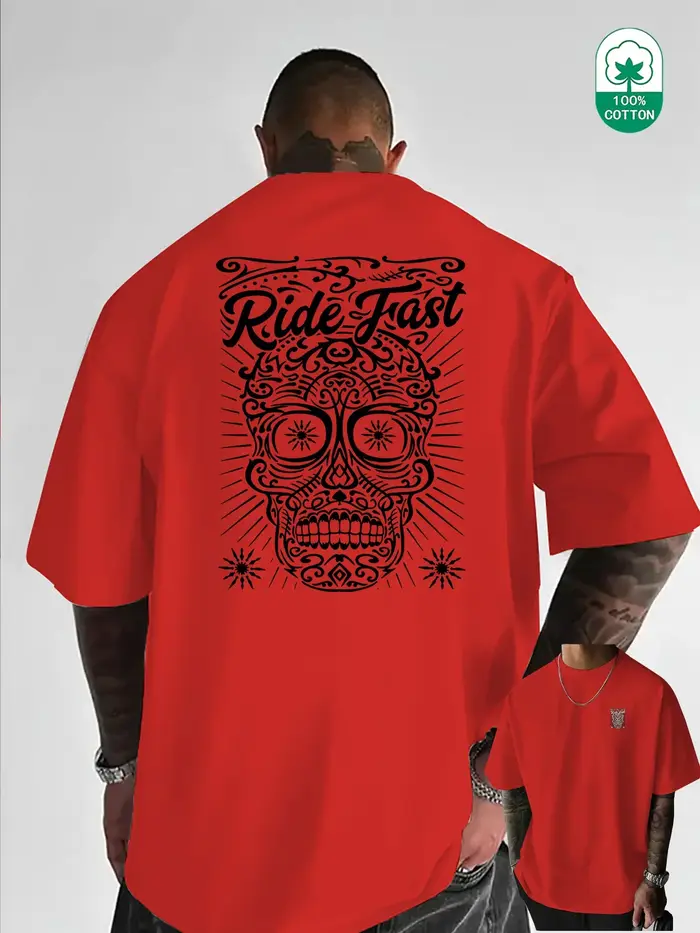 T-shirt Homme Oversize à Motif Crâne 100% Coton Grande Taille Style Urbain Rétro Tatouage Décontracté Respirant Manches Courtes