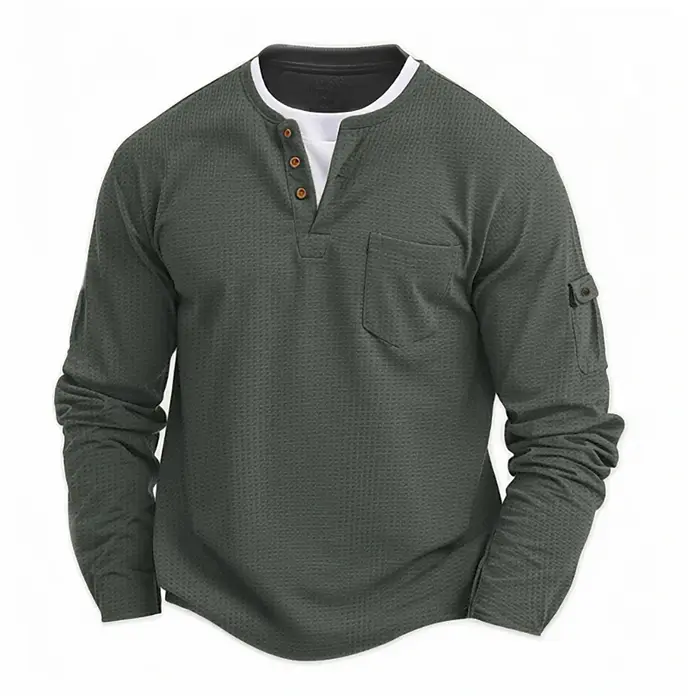 T-shirt à manches longues pour homme, col Henley boutonné, couleur unie, style gaufré, effet deux-pi
