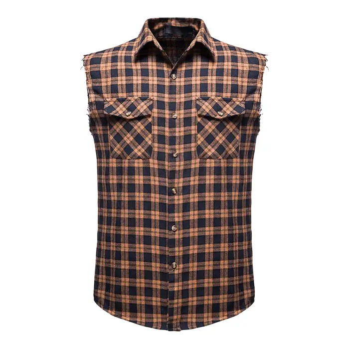 Chemise décontractée sans manches pour hommes – Chemise élégante à carreaux boutonnée, t-shirt en so