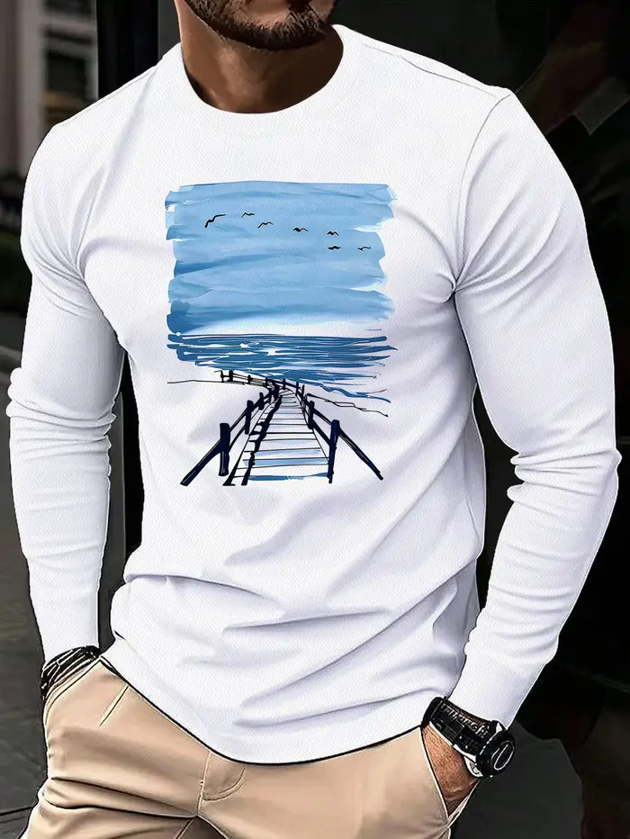 T-shirt d'été à manches longues - Chemise décontractée respirante à col rond avec imprimé sur le thè