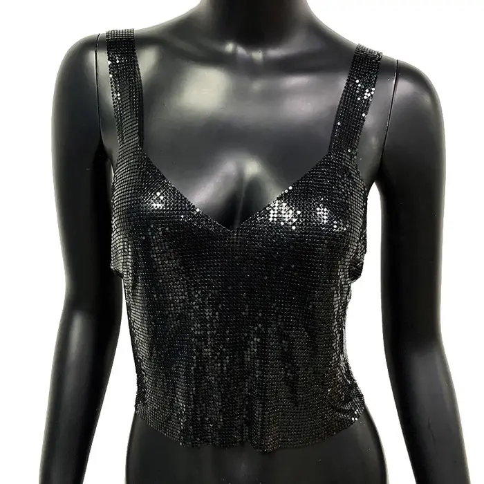 Bretelles sangle col en V dos nu débardeurs femmes Club tenue de fête été métal paillettes vacances plage porter à la main gilets courts