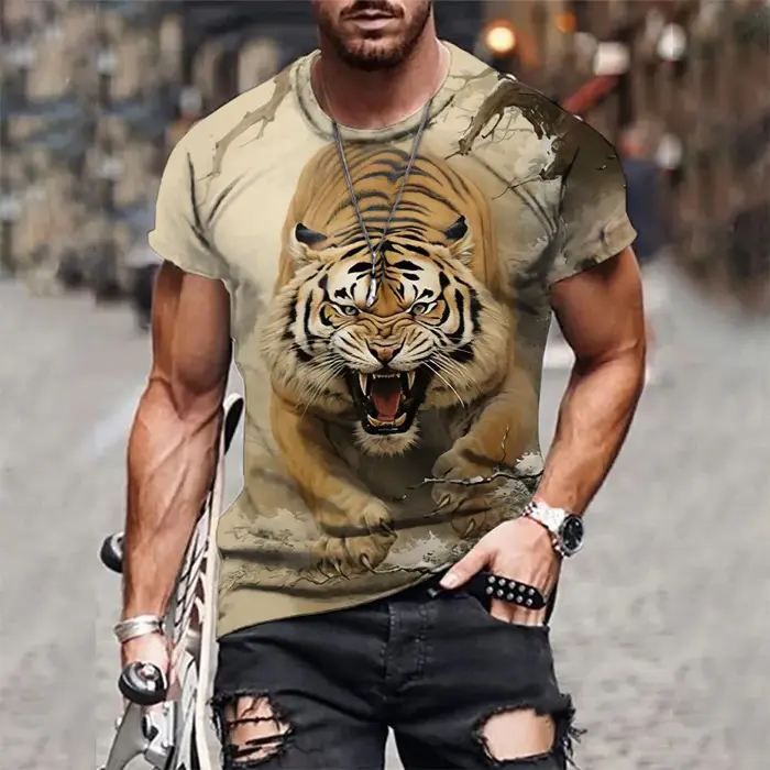 T-shirt à manches courtes et col rond pour hommes, imprimé tigre 3D, respirant, extensible, décontra
