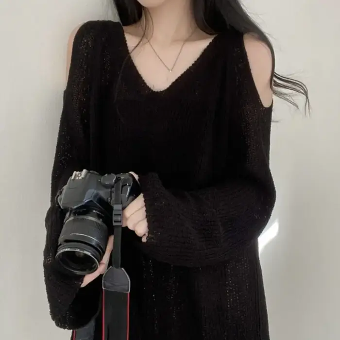 T-shirt long chic en maille ajourée à manches longues