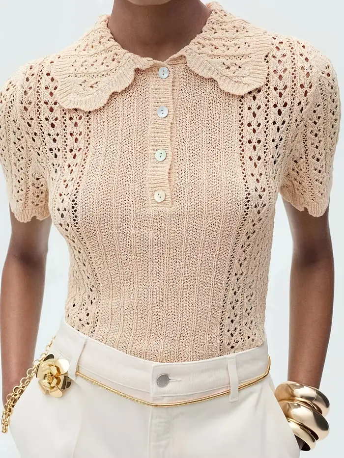 Pull-over slim fit à manches courtes pour femme, col polo et col Peter Pan, nouveau haut printemps/é