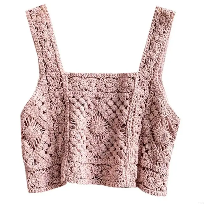 Femmes Crochet Sans Manches Récolte pour Débardeur Rétro Tricot Plaid Col Carré Pull 6XDA