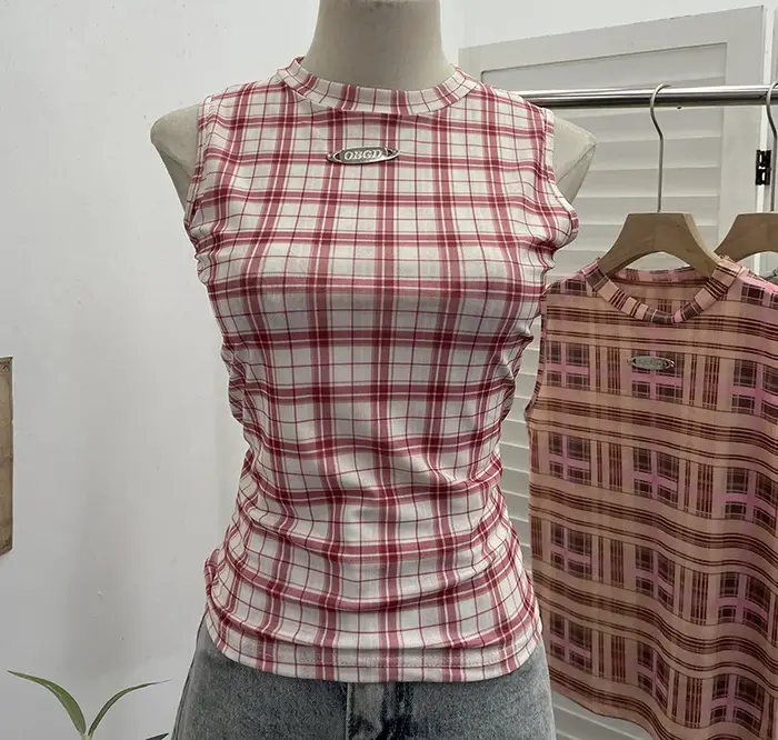 ISAROSE Vintage débardeurs pour femmes été sans manches Plaid maille extensible Double couches col rond mince hauts courts vêtements de sport