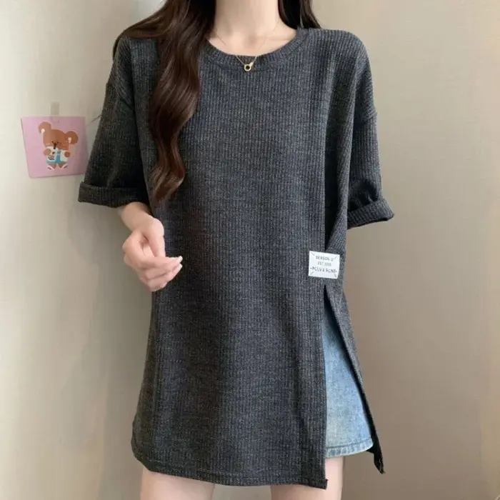 Style paresseux ample fente ourlet jeunesse hauts été à manches courtes col rond simplicité rue décontracté t-shirts mode coréenne femmes vêtements