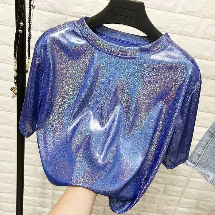 Été femme hauts brillant ample à manches courtes t-shirt sexy club esthétique harajuku femmes élégant
