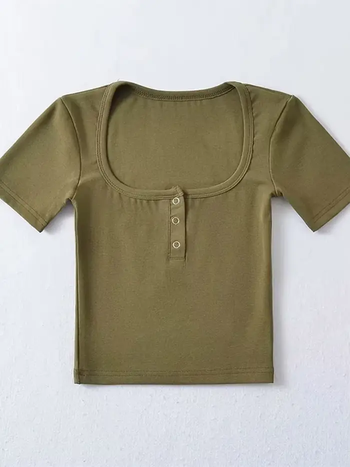 T-shirt court à manches courtes et boutons sur le devant pour femmes