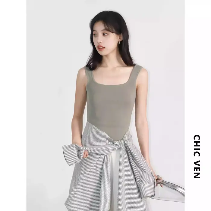 CHIC VEN femmes réservoirs solide ample décontracté nouveau col carré débardeur femme haut coupe ajustée pull Camis été 2025 vêtements