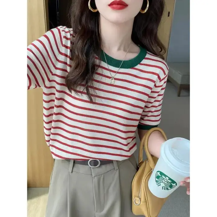 2025 hauts à rayures femmes tricoté col rond été imprimé à manches courtes décontracté Simple sauvage T-Shirt