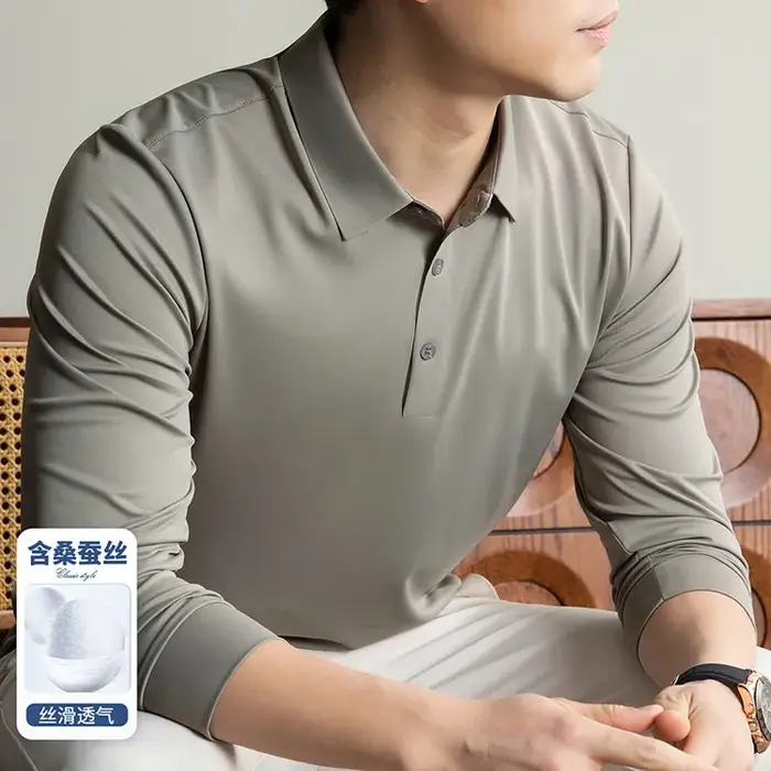 Nouvelle Tendance Polo en Soie de Mûrier pour Homme – Haut de Gamme Décontracté Chic à Manches Longues