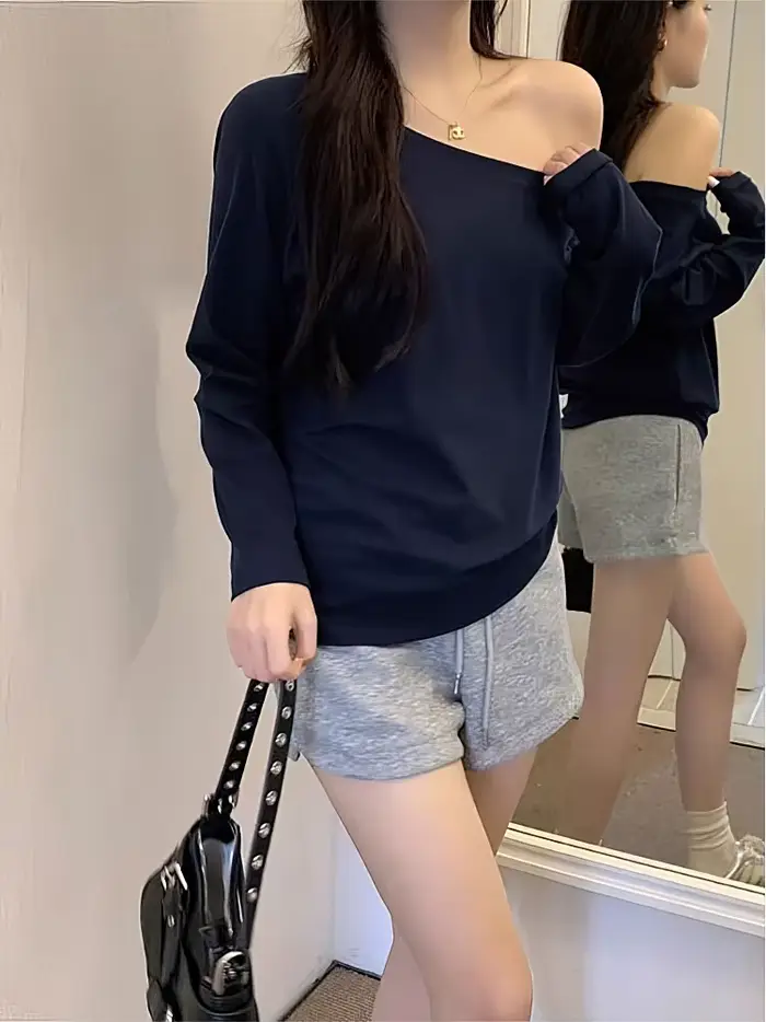 Hors de l'épaule à manches longues t-shirt femmes printemps automne lâche Sexy une épaule haut dame décontracté basique t-shirts école Preppy Blouse