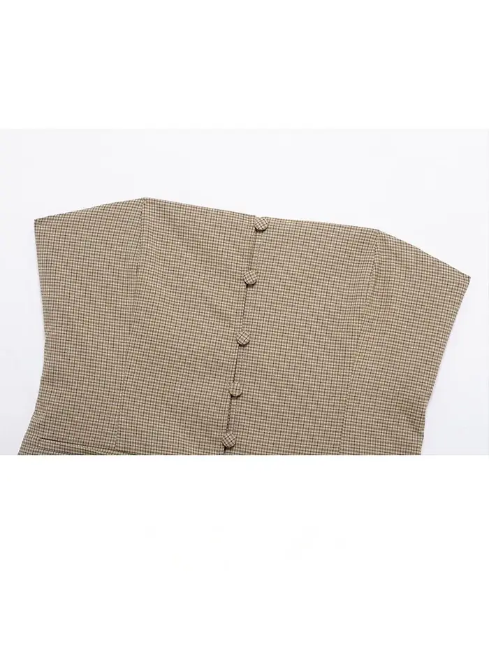 HH femmes été élégant épaules dénudées hauts courts femme mode vichy simple boutonnage poche décorer haut sans manches Mujer