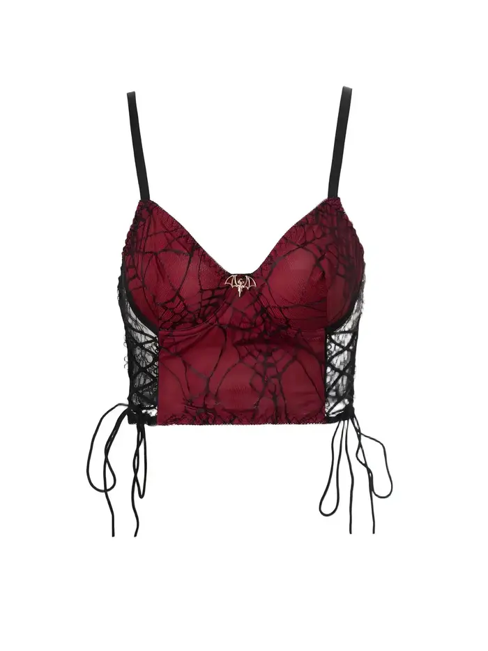 Crop top gothique à bretelles motif toile d'araignée, style rétro sombre, sexy et moulant, idéal comme vêtement d'extérieur ou de dessous pour les filles branchées