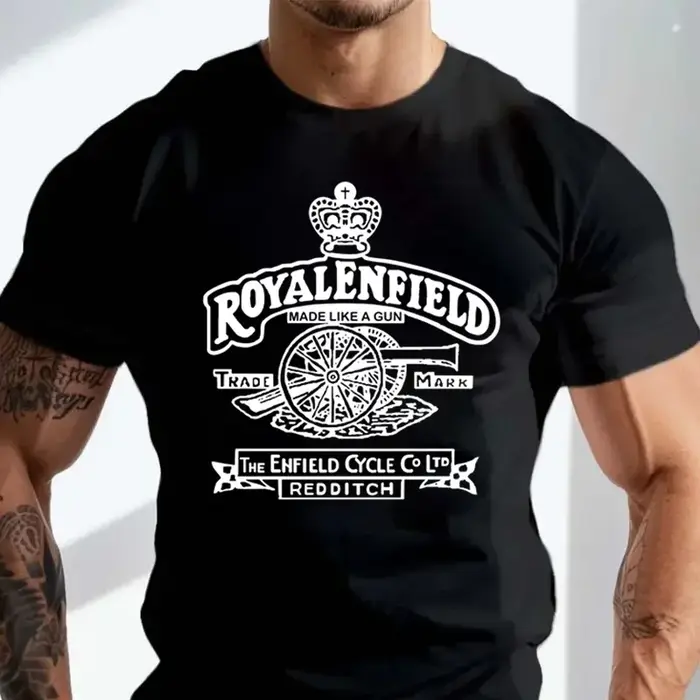 T-shirt de motard classique rétro vintage de taille asiatique avec logo Royal Enfield, en coton, à manches courtes, décontracté
