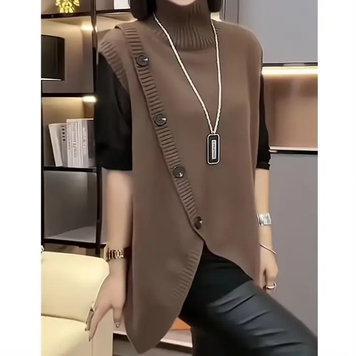 Femmes sans manches longs pull gilets Vintage irrégulière épissé bouton tricots vêtements d'extérieur pulls élégant col