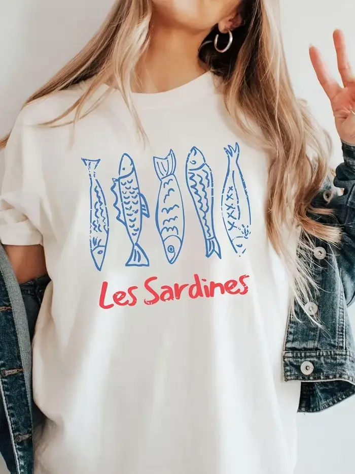 T-shirt graphique rétro Sardines Fish pour femme - Haut décontracté d'été à manches courtes et col rond imprimé pour