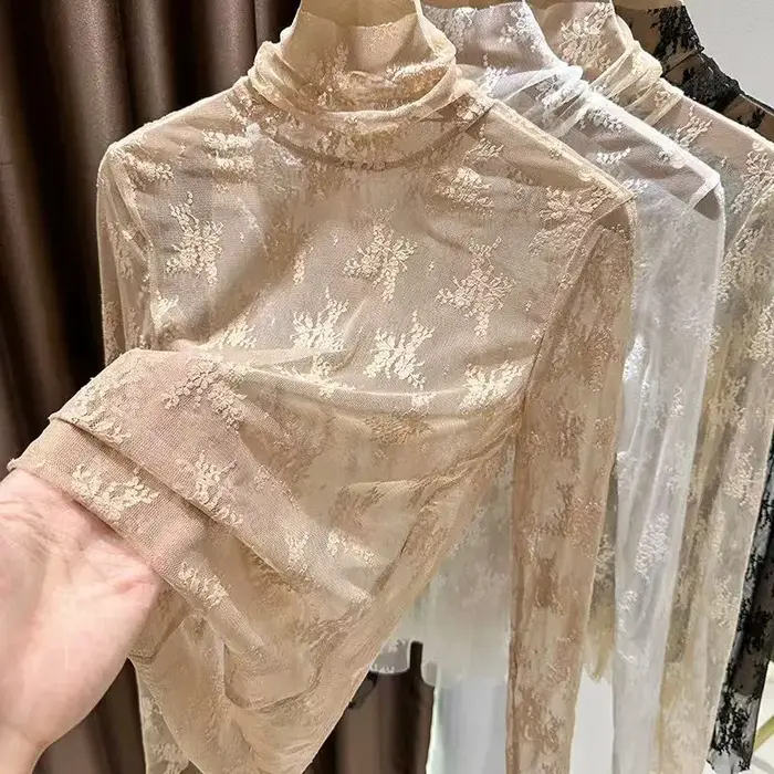 Femmes Sexy à manches longues dentelle Blouses col haut vêtements intérieurs