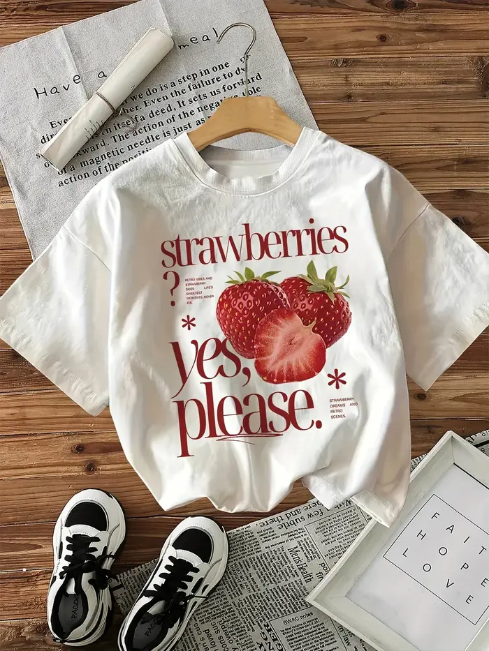 T-shirt imprimé graphique fraise pour femme, style vintage décontracté, col rond, manches courtes