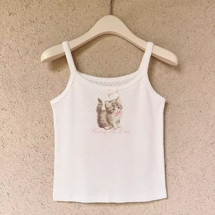 Camisole en coton avec nœud rose pour femme, haut court avec imprimé chat, style Lolita, vêtements K