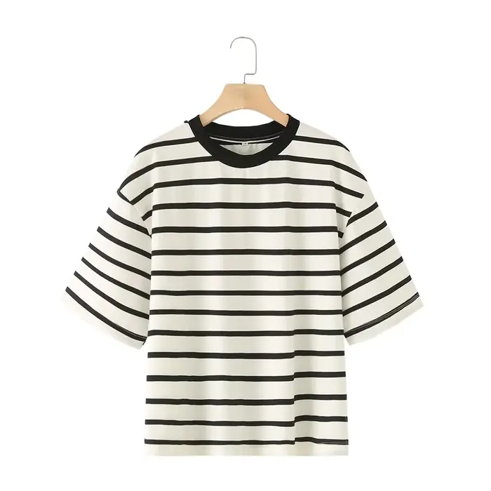 Rayé femmes mode T-shirts col rond manches courtes t-shirts chemisier haut couverture en coton pour