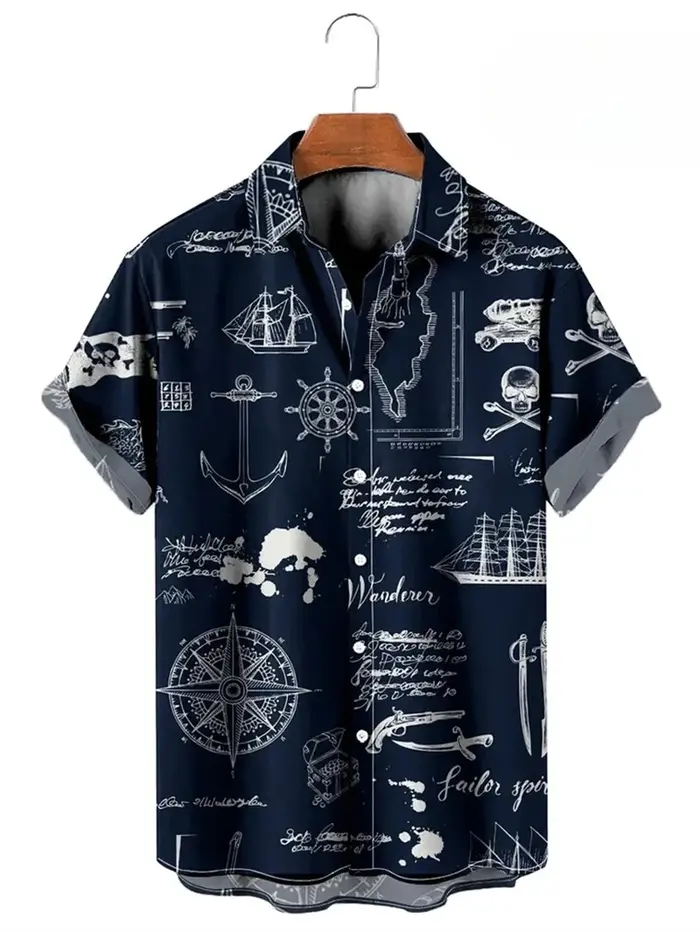 Vintage boutonné chemise homme 3d carte imprimé à manches courtes chemise hawaïenne revers vêtements