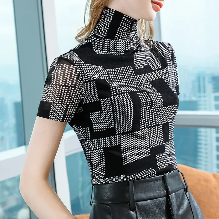 T-Shirt à Col Roulé et Manches Courtes en Maille pour Femme