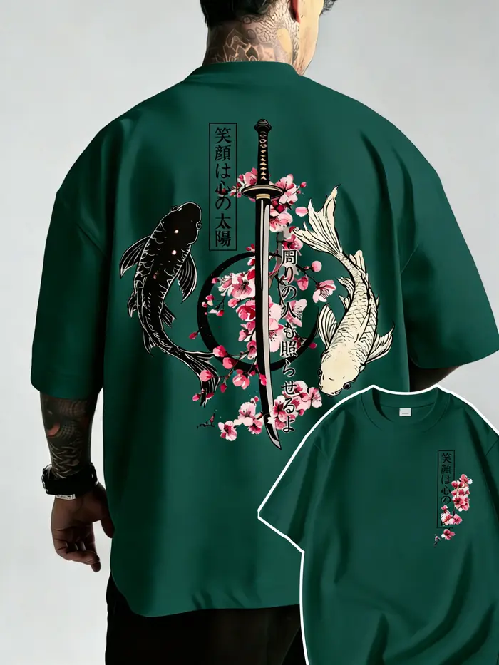T-Shirt d'été en coton pour hommes, motif poisson Koi et épée de samouraï japonais Yin Yang, à manch