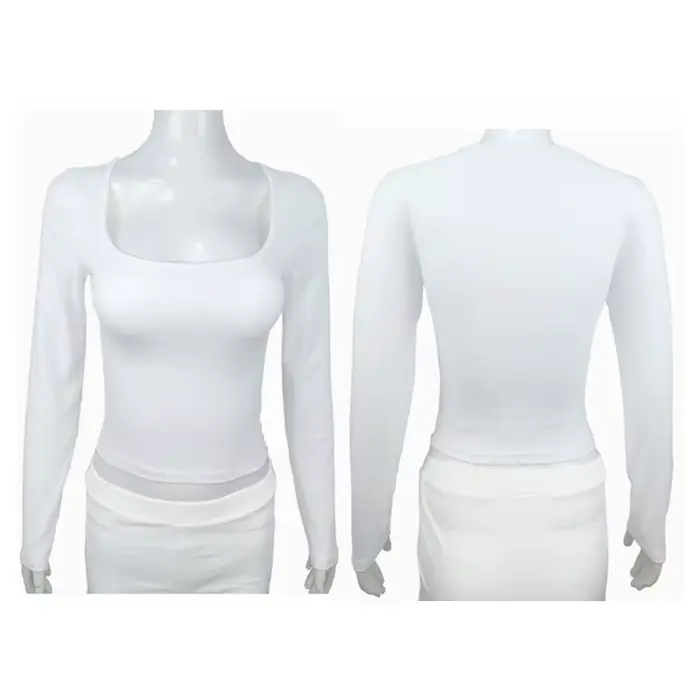 T-shirt à manches longues Slim hauts Sexy femme vêtements col carré près du corps
