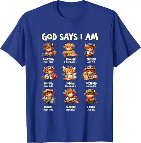T-shirt Vache Écossaise « Dieu dit que je suis une vache des Highlands » – T-shirt religieux chrétien avec petites vaches, style Y2K, foi, Jésus, verset biblique – Vêtement