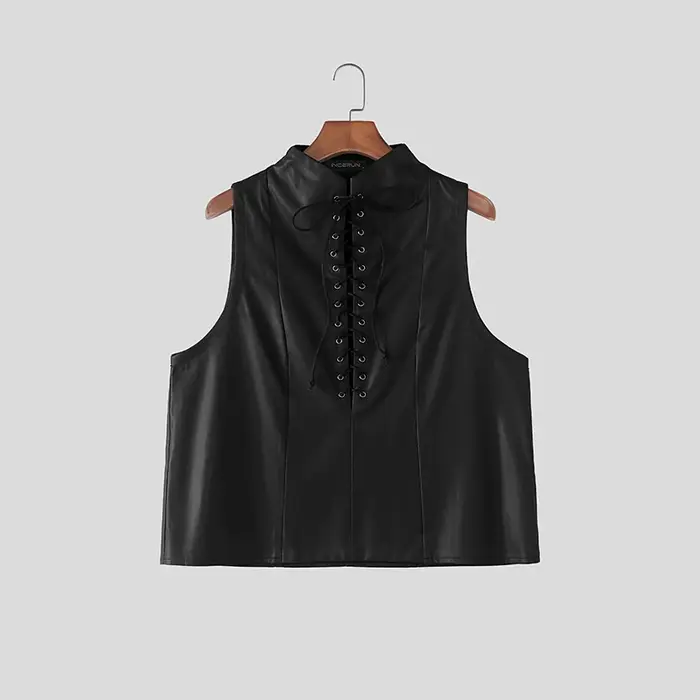 INCERUN – débardeurs en cuir PU pour hommes, hauts sans manches à col montant, gilets à lacets, vête