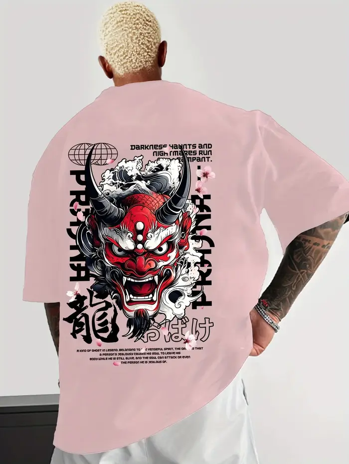 T-shirt rouge avec impression de Hannya Oni Dragon Sakura Kanji au dos