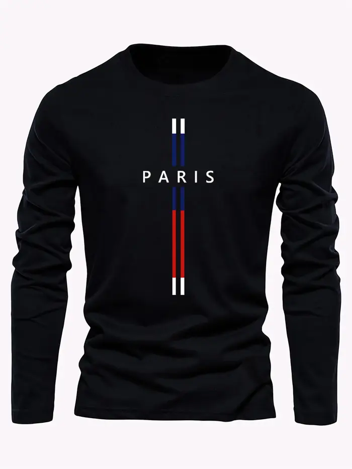 T-shirt à manches longues pour homme, col rond, imprimé graphique Paris Letter, 100% coton pur, ampl