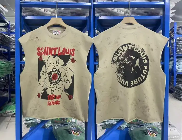T-shirt sans manches vintage imprimé délavé Saint Mens, streetwear, mode, coupe ample, décontracté