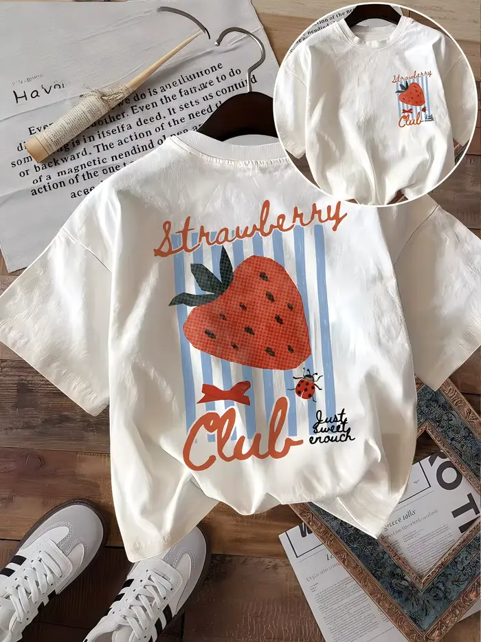 T-shirt graphique Cute Strawberry Club pour femme | T-shirt d'été à rayures bleues et imprimé frui