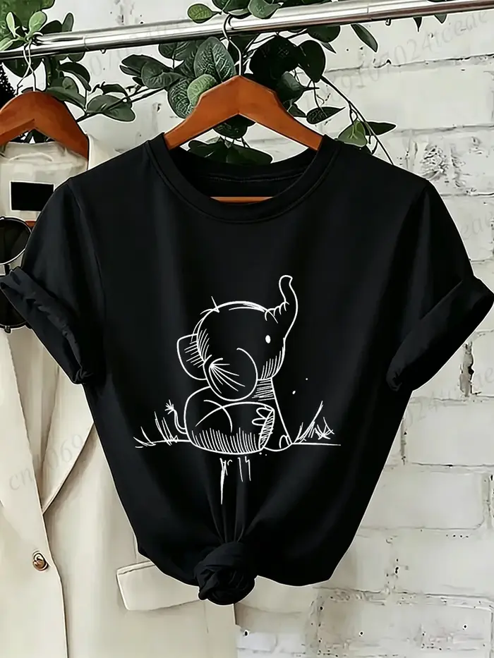 T-shirt unisexe à col rond et manches courtes pour femme, imprimé éléphant, motif animal sauvage, streetwear décontracté, coupe ample, hauts de mode quotidiens