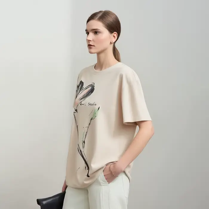 T-shirt femme Amii 2026 – Nouvelle collection été – Coton rafraîchissant – Col rond – Imprimé encre – Coupe ample – Manches courtes – Hauts 12622149