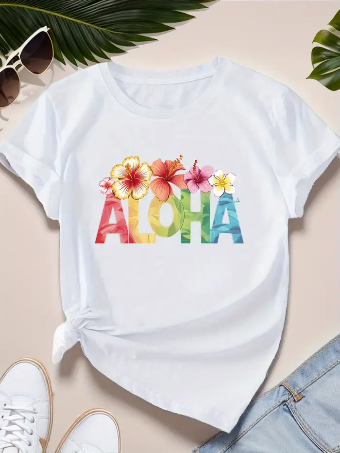 ALOHA avec des fleurs tropicales T-Shirt de sport à manches courtes pour femmes été à manches courte