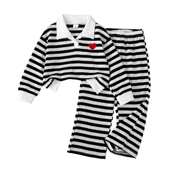 Ensemble deux pièces pour enfants, T-shirt à manches longues et col Polo rayé noir et blanc, nouvelle collection printemps/été 2026